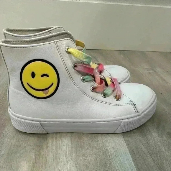 Sugar & Jade Girl's Happy Winky Face Hi Top Canvas Sneakers White Size 1 - Picture 4 of 6